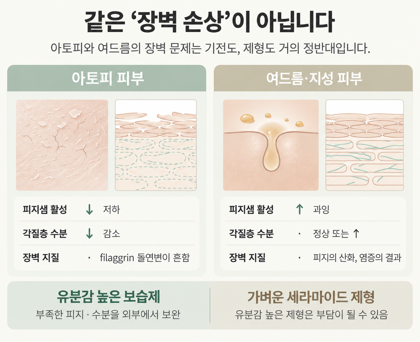 아토피 피부와 여드름 피부의 서로 다른 피부장벽 문제를 보여주는 그림
